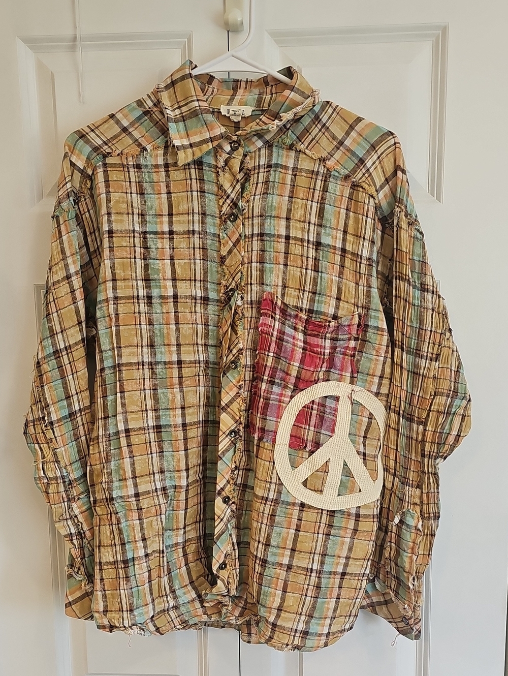 POL Plaid Button-Down Shirt in Beige, Teal & Red Patch